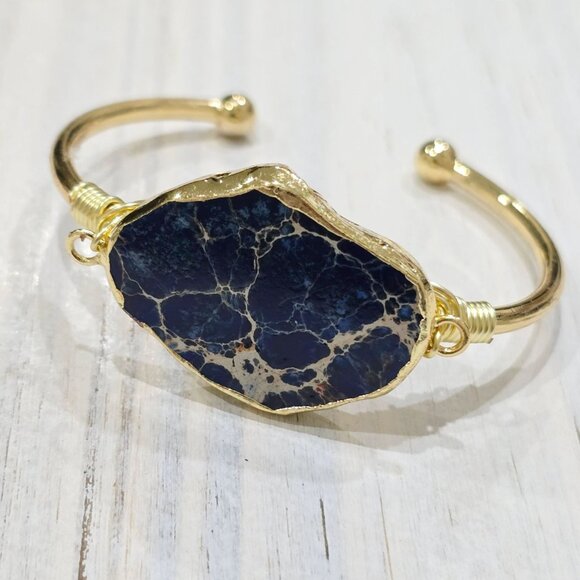 Imperial Ocean Jasper Wire Wrap Cuff w/ 14Kt Gold Over Copper – Hand Crafted - Picture 6 of 9